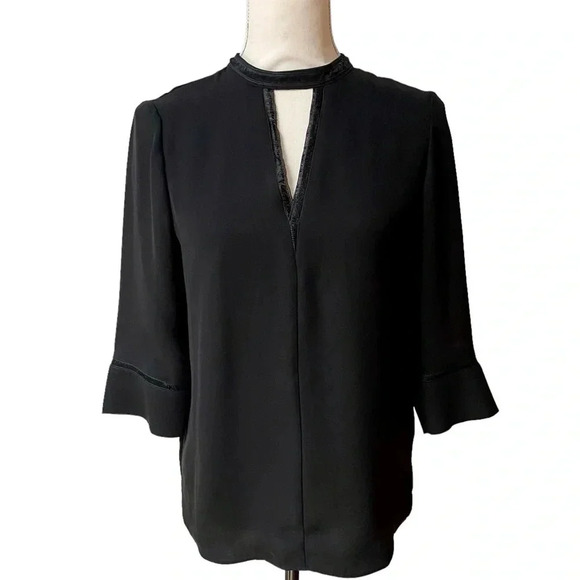 Reiss Kris Black Chiffon Blouse Peekaboo V Neck Embroidered Trim Size 2 - Picture 1 of 15
